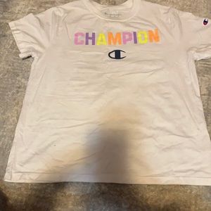 a white champion t-shirt